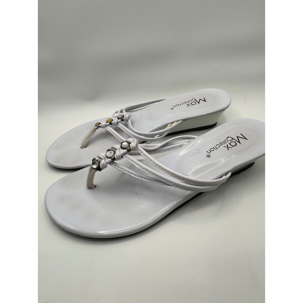 Max Collection White Wedge Flip Flop Sandals Embellished Size 8